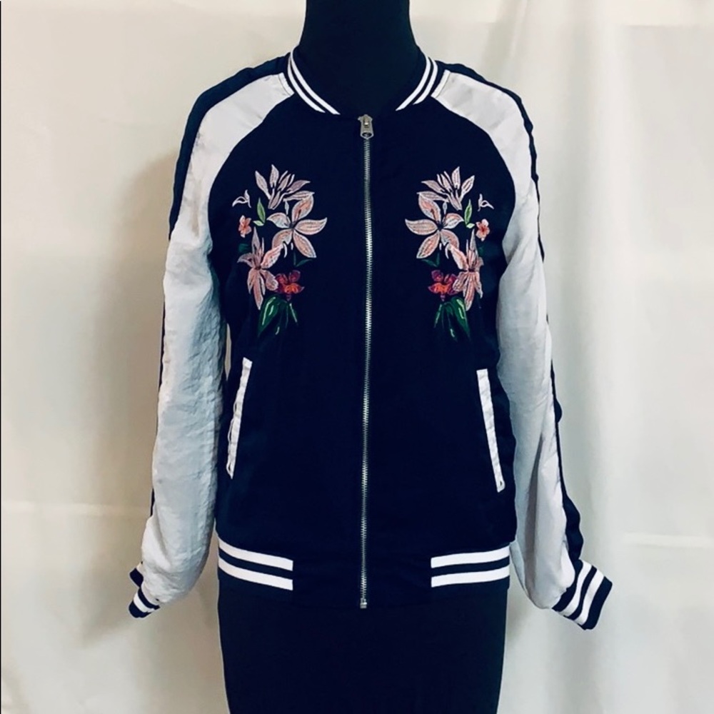 Navy & white floral embroidered bomber jacket.